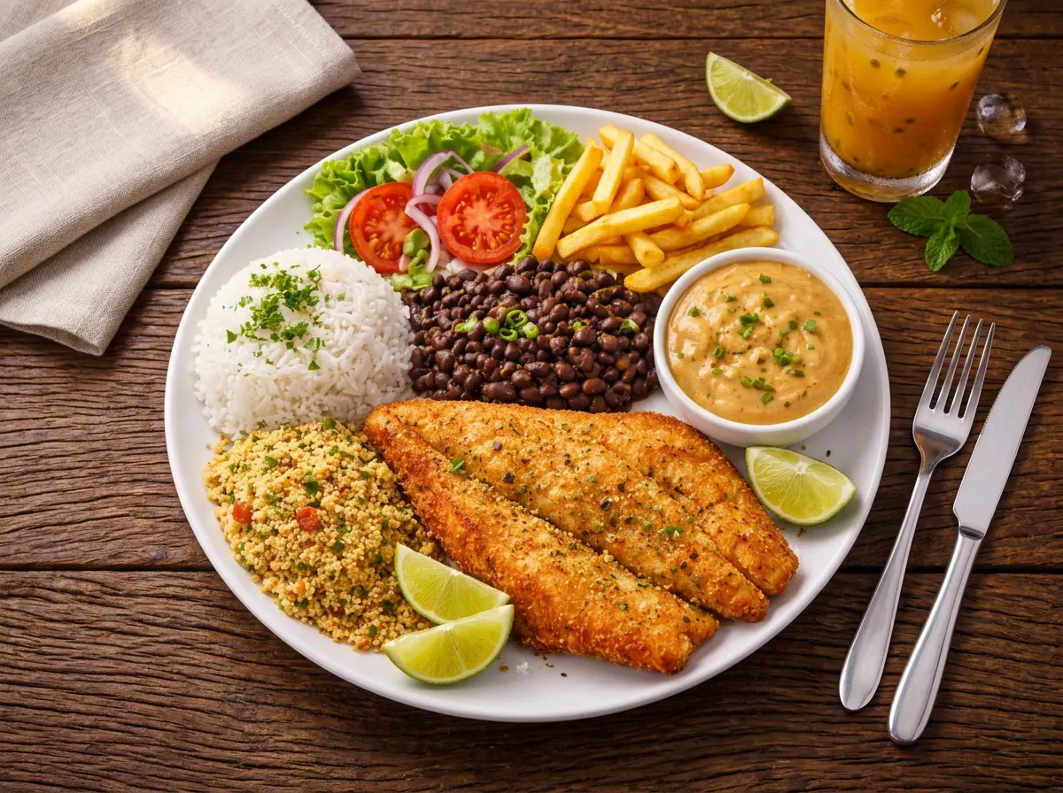 Prato regional com peixe empanado, arroz, feijão, farofa, salada e batata frita servido no restaurante do Pesqueiro do Parque em Campo Grande/MS